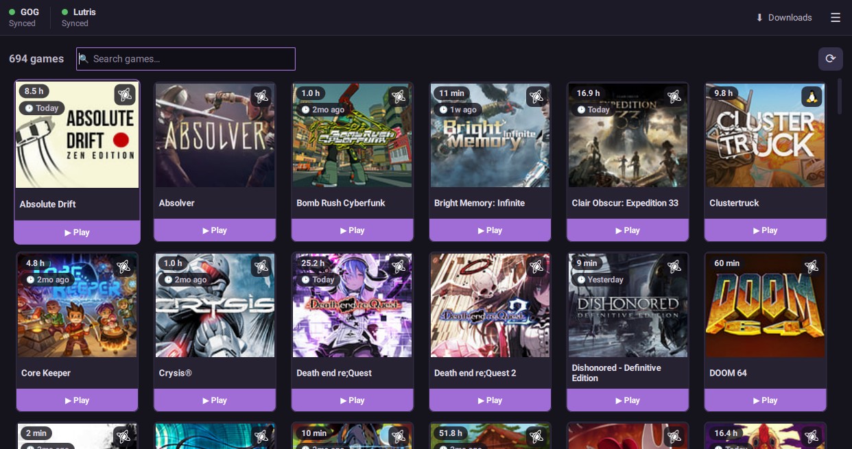 The Allodium window: rows of game covers, each with hours played, when it was last played, and a Play button.