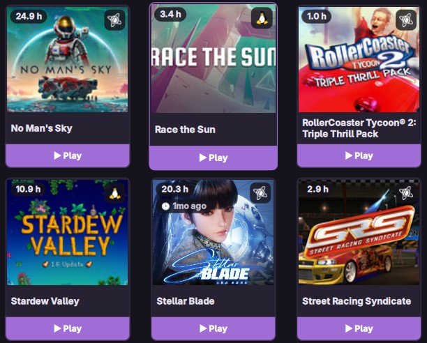 Six game covers close up, each showing hours played and a purple Play button.