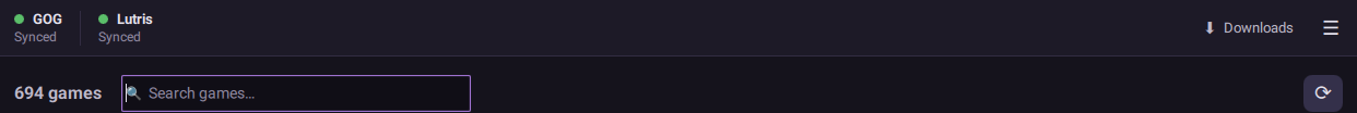 The top of the Allodium window, with GOG and Lutris both marked as Synced next to a search box.